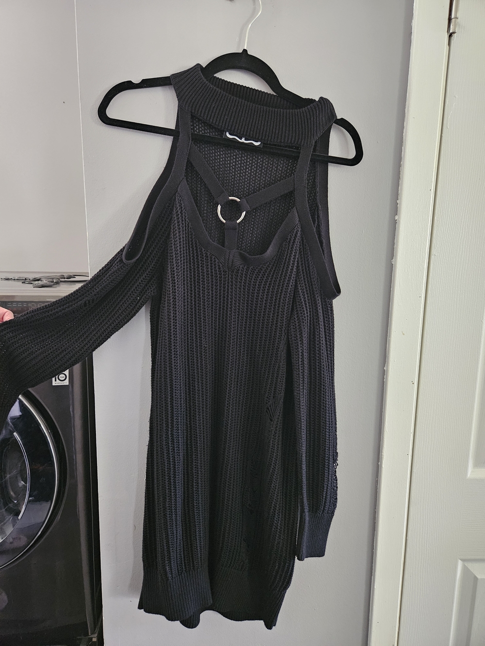 Killstar Black Knit Cold-Shoulder Sweater with Distressed Detailing